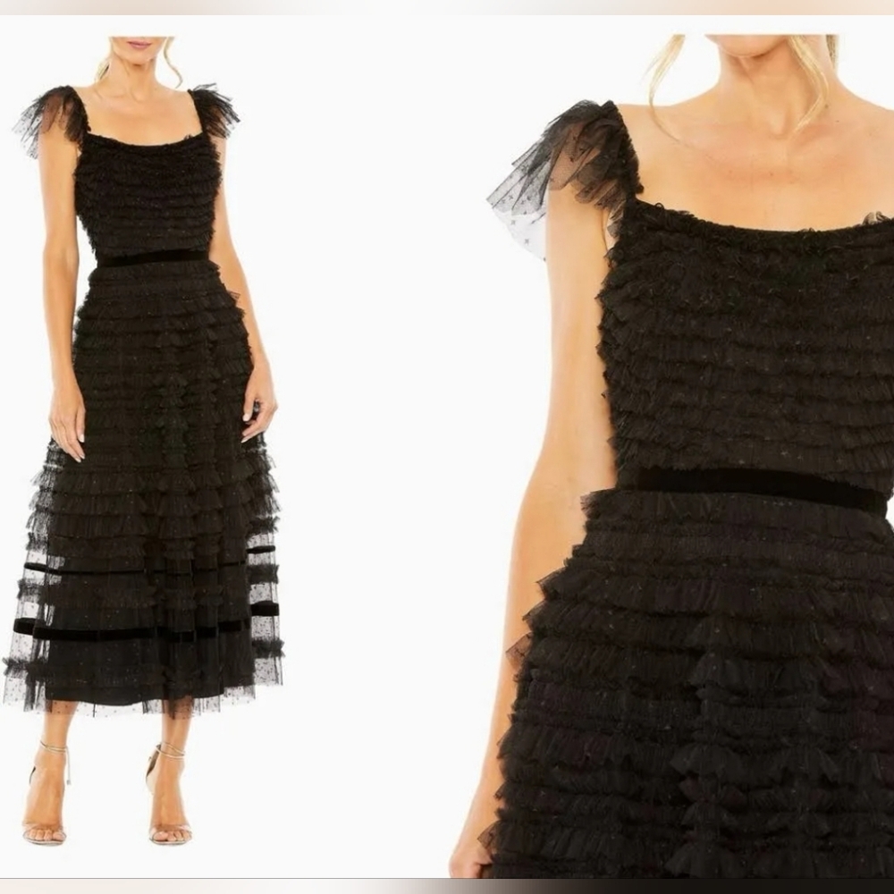 Mac Duggal Tiered Ruffle Tulle Cocktail Midi Dress SZ 8 NEW 8054 black